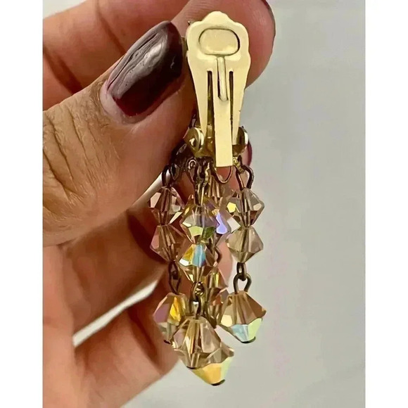 VTG Crystal Chandelier Clip On Earring Brown Iridescent Beaded Dangle 2" Long - Picture 2 of 16